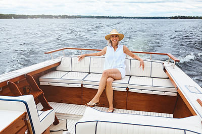 Buy stock photo Adventure, freedom and portrait with mature woman on boat for sailing, travel and summer vacation. Smile, journey and happy with tourist and relaxing on deck of yacht for tropical, cruise and holiday