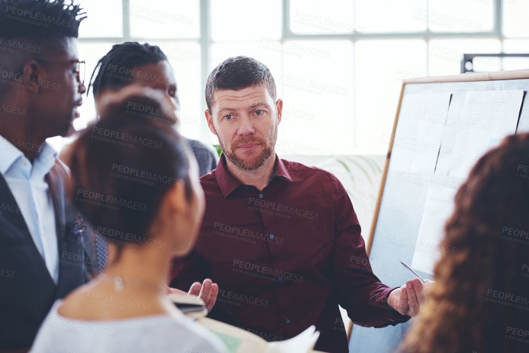 Buy stock photo Teamwork, whiteboard and business people in office with meeting for planning creative project. Discussion, collaboration and manager with magazine editors for article with publishing in workplace.