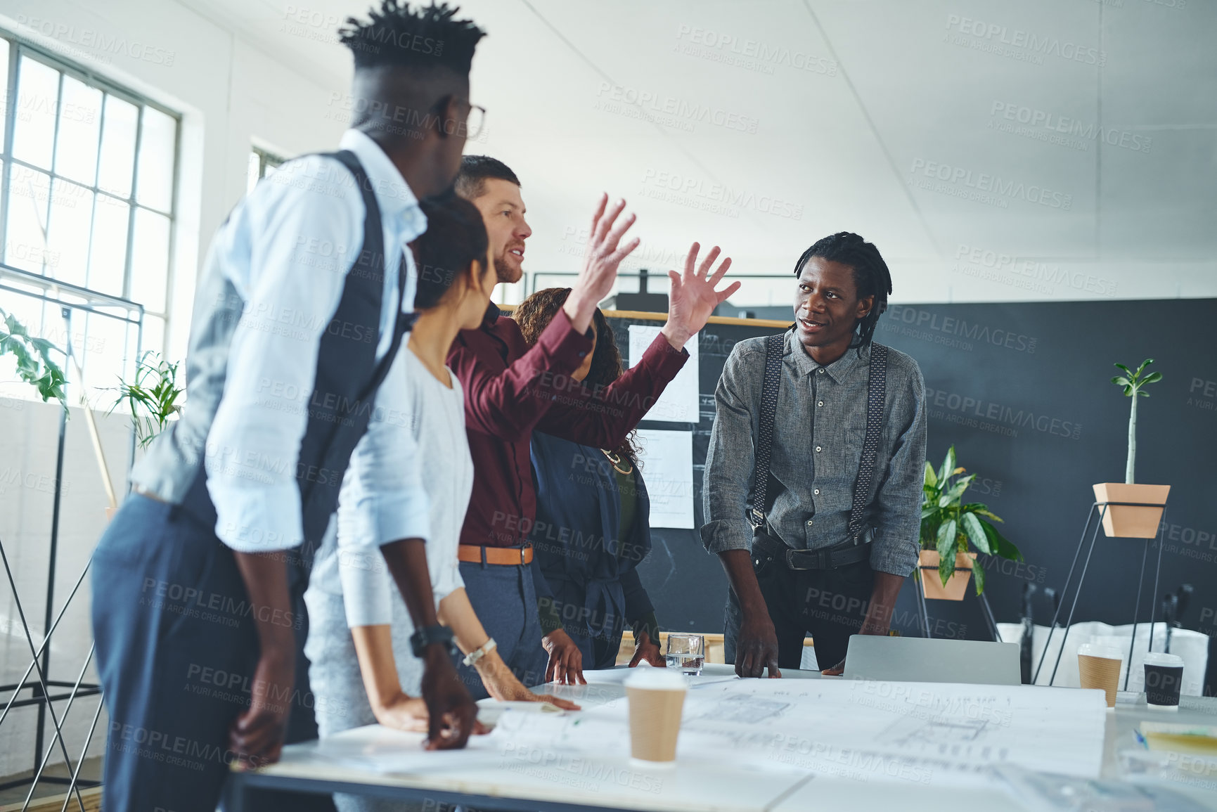 Buy stock photo Speaking, blueprint or people with meeting in startup, location planning or urban infrastructure project. Explain, construction proposal or property developer team with idea, architecture or office