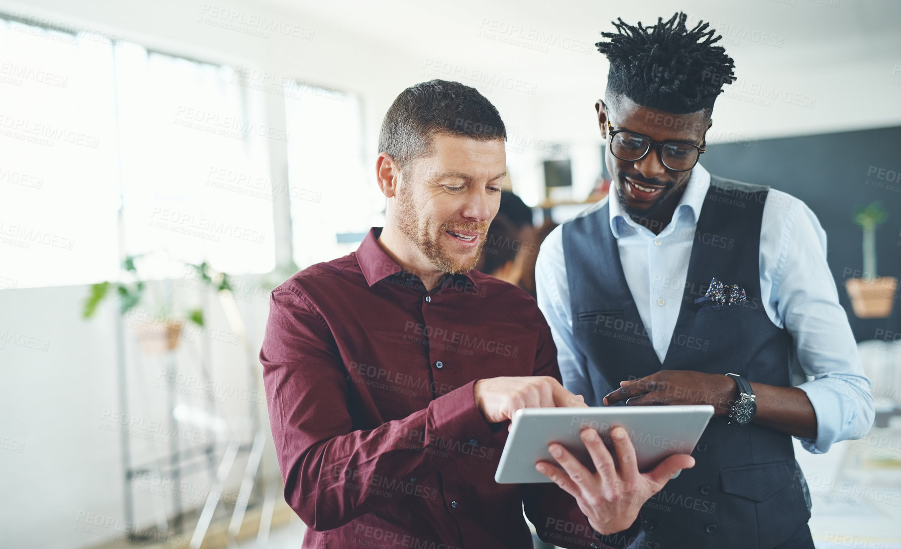 Buy stock photo Tablet, business men and proposal in office, planning or compliance report with feedback. Tech, happy people and team in meeting with consultant for policy review, collaboration and regulatory update