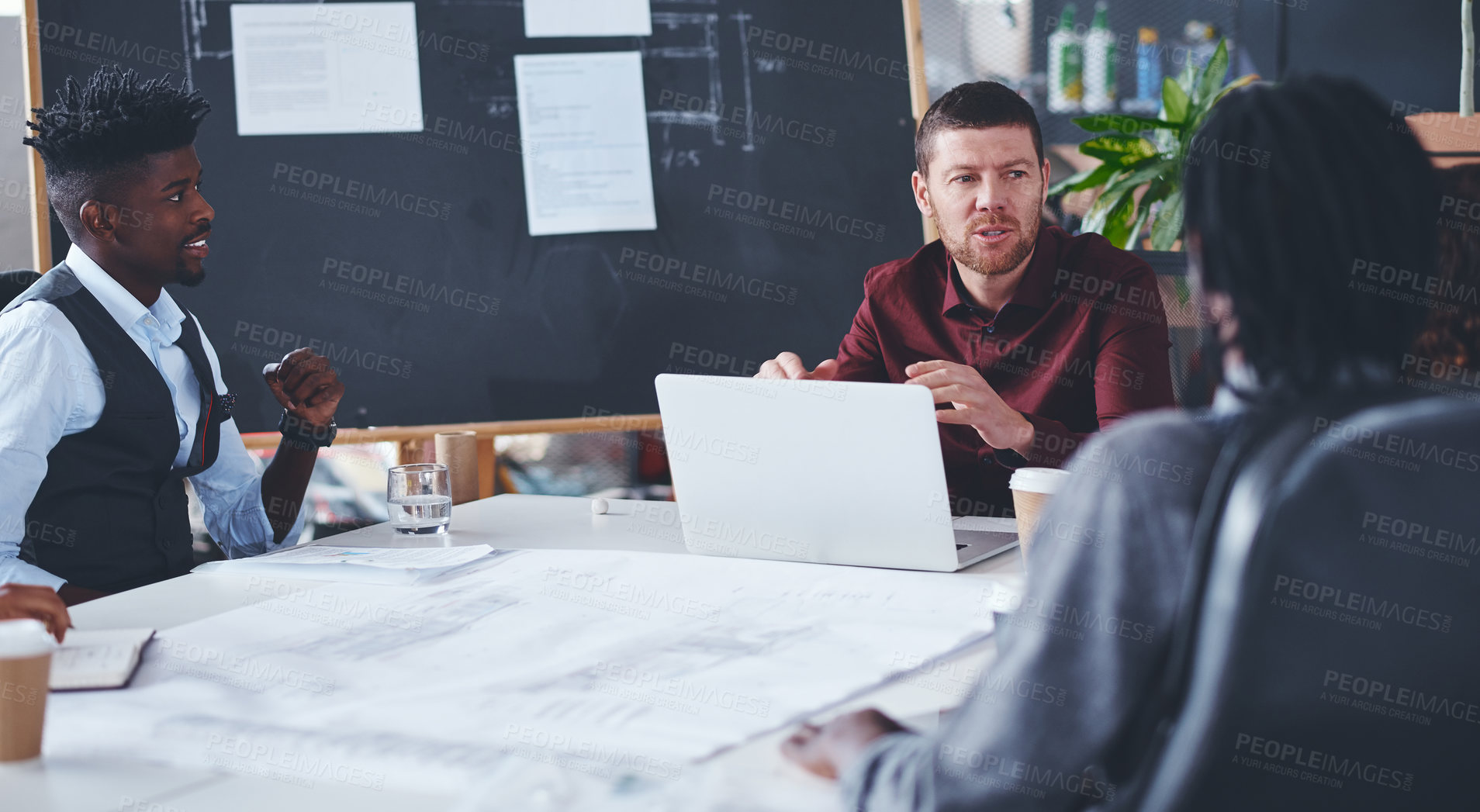 Buy stock photo Businessman, team and meeting in office with laptop, architecture planning and discussion for project. Architect, people and talk in workplace with computer, design idea and explain building policy.