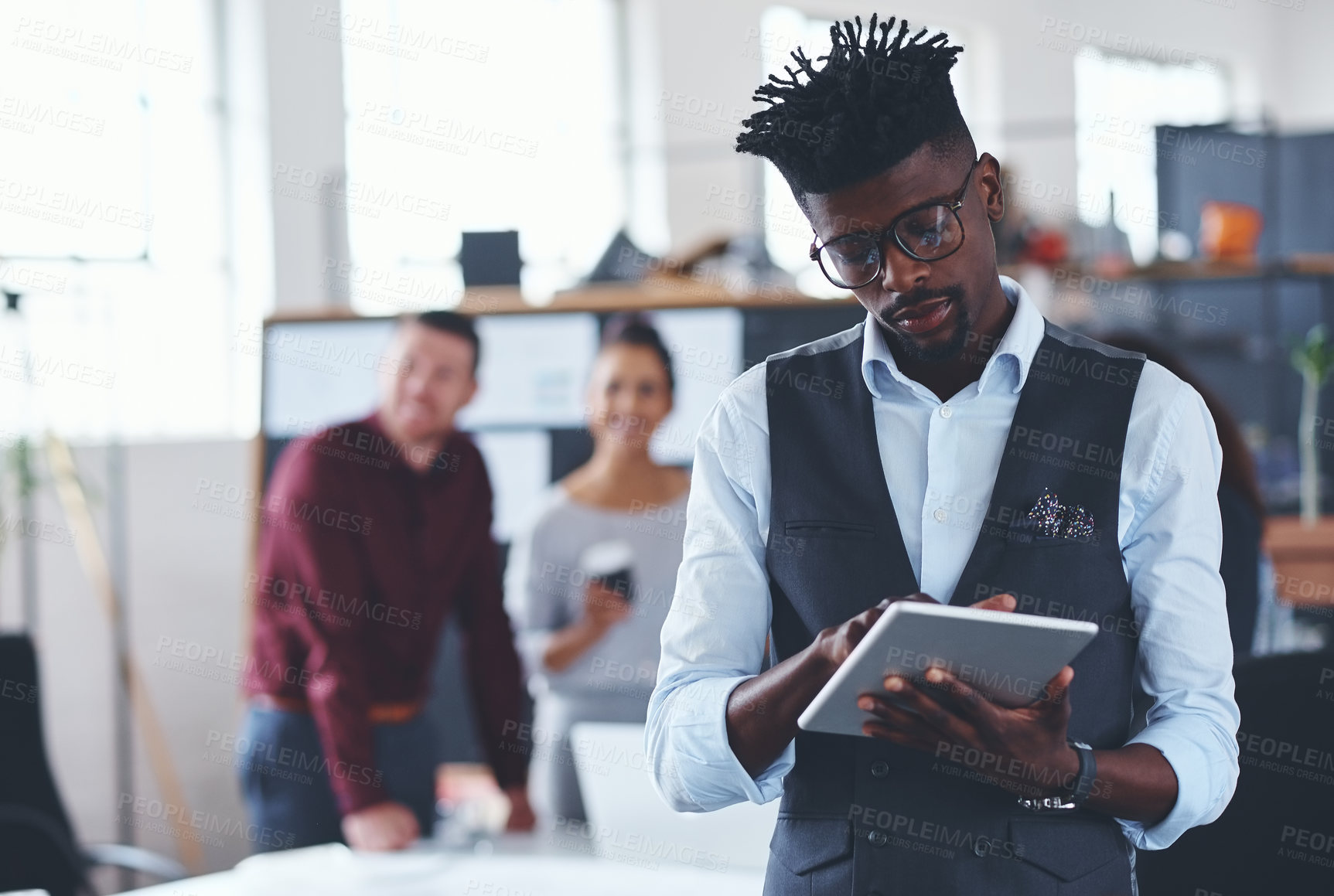 Buy stock photo Meeting, man and scroll on tablet in office for article review, editor feedback and fact checking. People, journalist and tech at media agency for story research, editing submission and proofreading