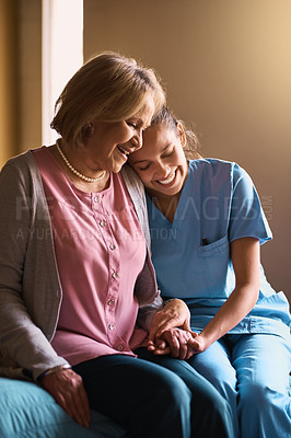 Buy stock photo Nurse, old woman and holding hands for support, comfort and compassion with healthcare advice. Caregiver, pensioner and patient with consultation, home or empathy with trust, wellness or gratitude