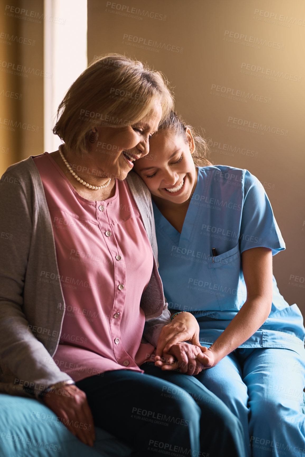 Buy stock photo Nurse, old woman and holding hands for support, comfort and compassion with healthcare advice. Caregiver, pensioner and patient with consultation, home or empathy with trust, wellness or gratitude