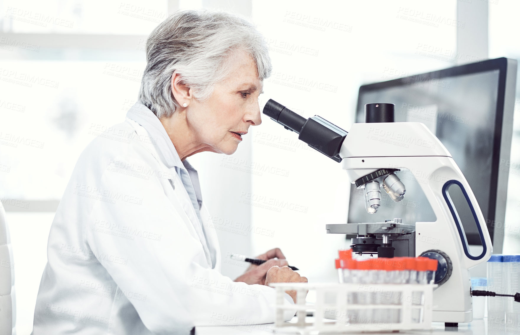 Buy stock photo Shot of a focused elderly female  scientist looking through a microscope while being seated in a laboratory