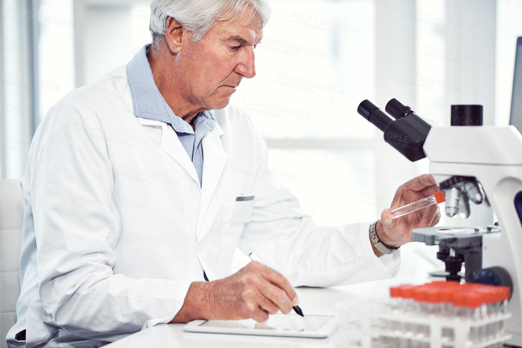 Buy stock photo Shot of a focused elderly male scientist holding up a test tube and making notes while being seated inside of a laboratory