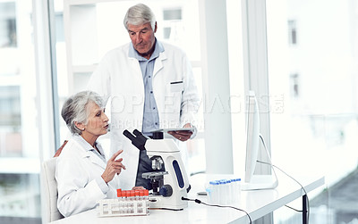 Buy stock photo Shot of two focused elderly scientists working together inside of a laboratory