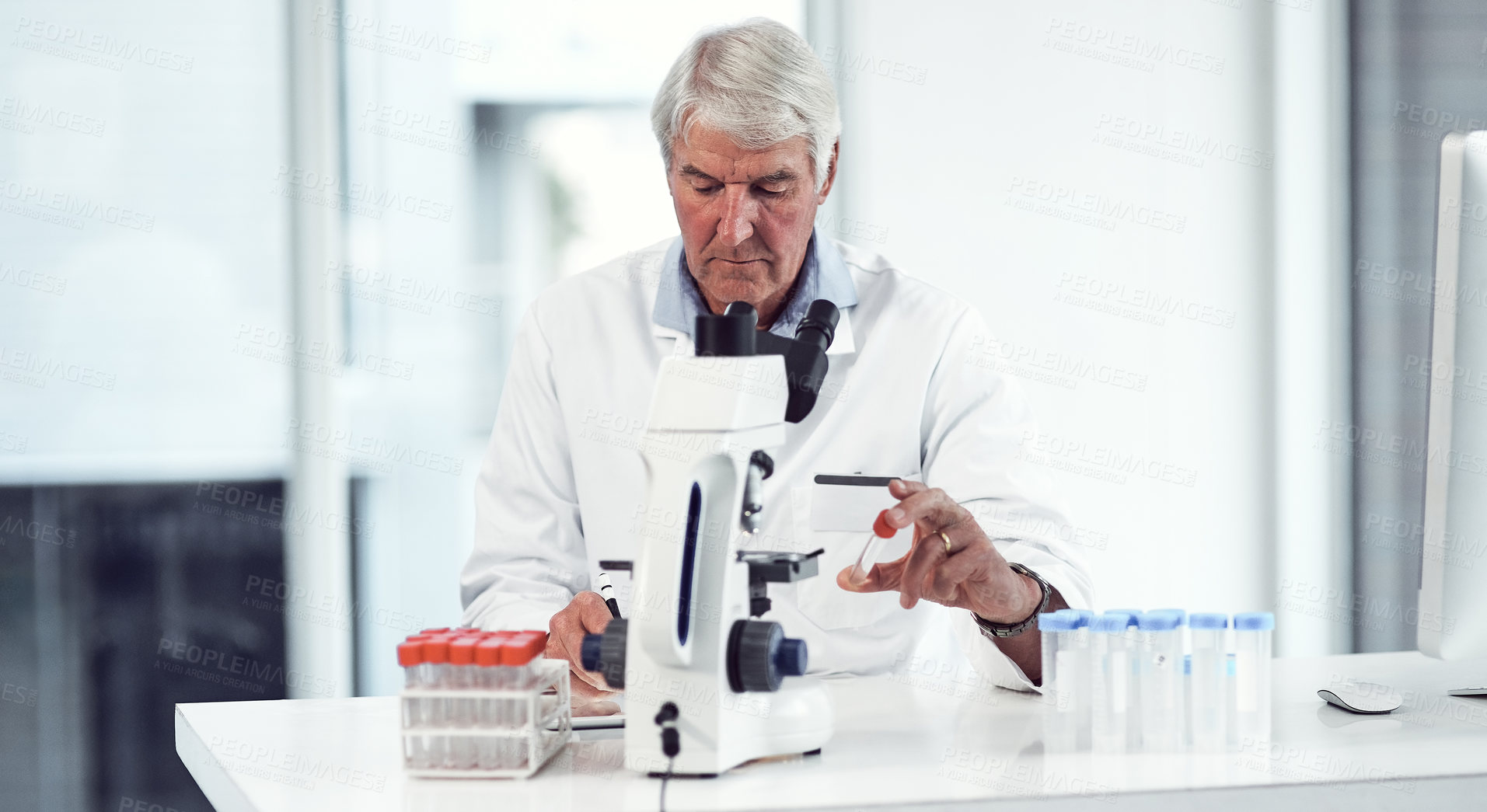 Buy stock photo Shot of a focused elderly male scientist holding up a test tube and making notes while being seated inside of a laboratory