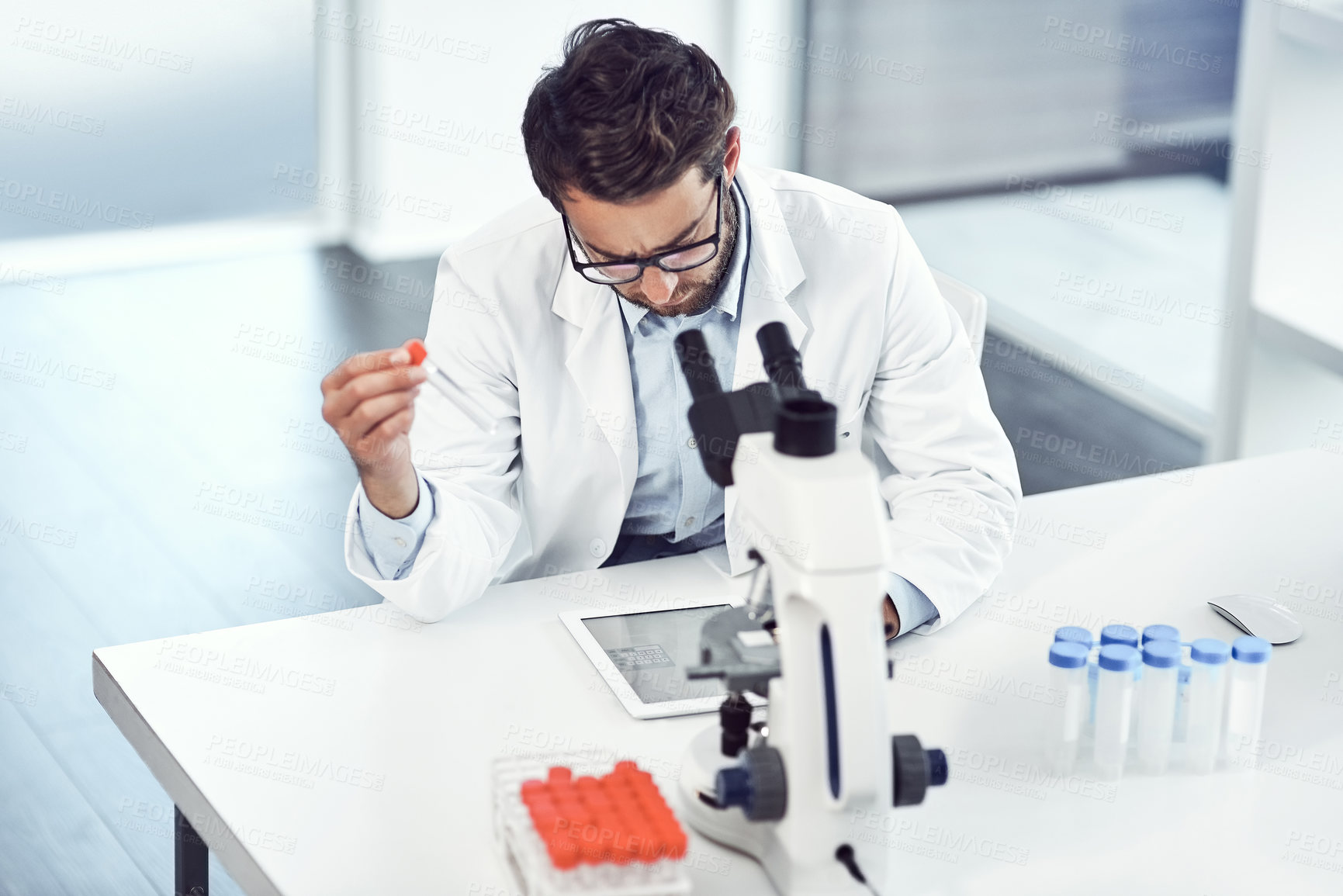 Buy stock photo Man, test tube and scientist with tablet for research, chemical evaluation or pharma report. Chemistry, science and person with sample, medical study or drug development with biotech results in lab