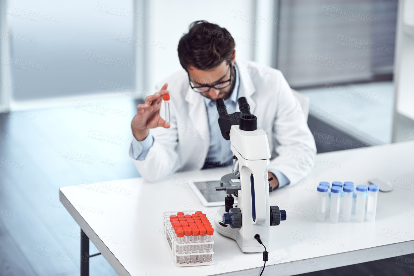 Buy stock photo Man, test tube or scientist with tablet, microscope and chemical inspection for pharma experiment. Chemistry, science or person with biotech sample, medical research or drug development in laboratory