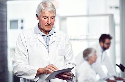 Buy stock photo Shot of a focused elderly male scientist using a digital tablet while standing inside a laboratory