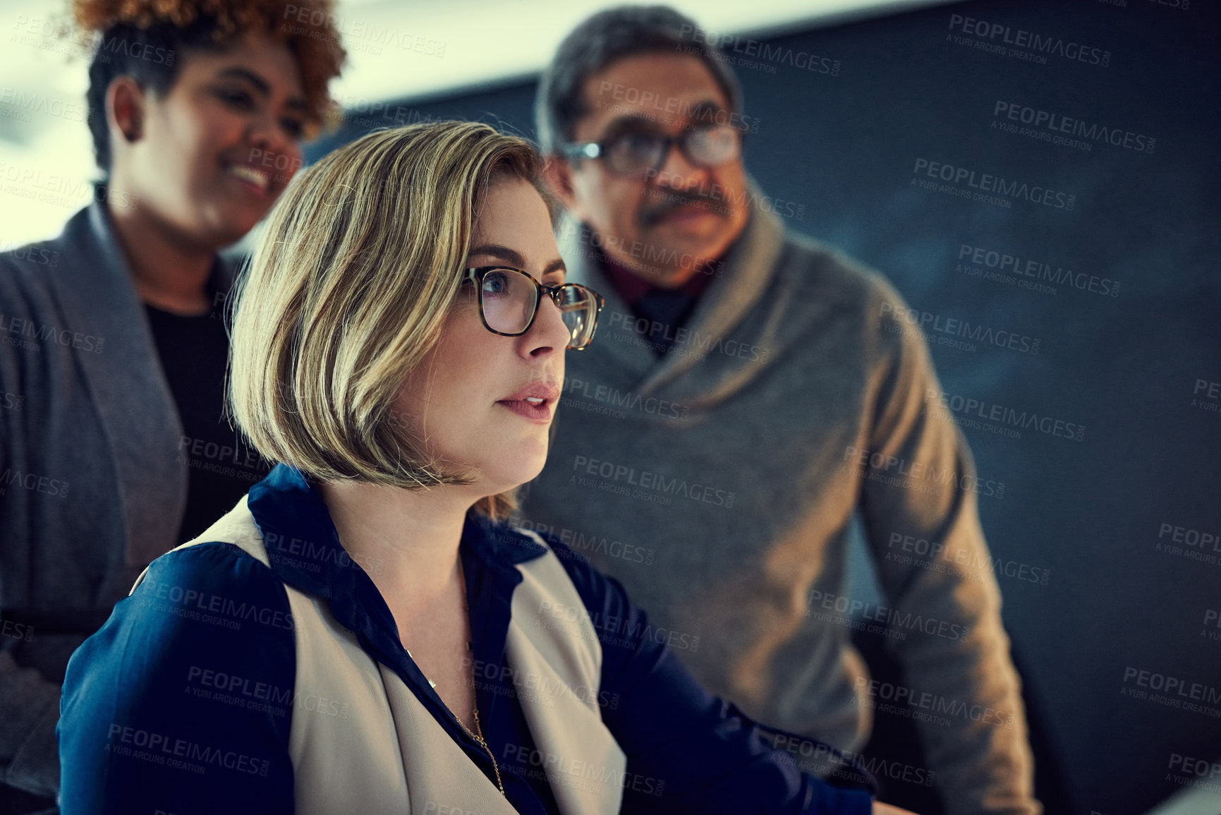 Buy stock photo Advice, discussion and business people in office with manager for review on finance report. Meeting, collaboration and team of financial advisors with feedback on investment proposal in workplace.