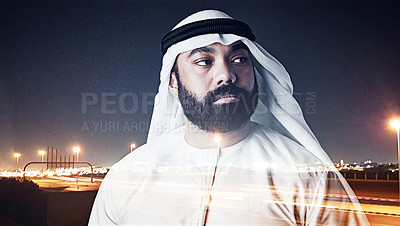 Buy stock photo Studio shot of a young muslim businessman posing against a cityscape background