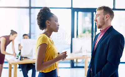 Buy stock photo Man, woman and startup with question in office from employee, working with manager for sales. Team, workplace and talking with entrepreneur or leader for clarity on job, collaboration and teamwork