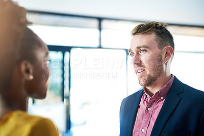 Buy stock photo Businessman, woman and talking discussion in office as negotiation for b2b partnership, collaboration or project planning as designer team for company campaign or networking, creativity or proposal