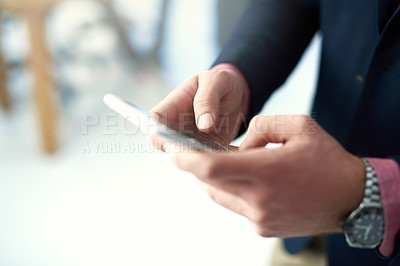 Buy stock photo Cellphone, hands and businessman in workplace for networking, email and communication. Technology, contact and social media on mobile for research, internet and corporate male person in office