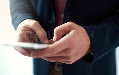 Buy stock photo Businessman, hands and mobile phone in workplace for communication, networking and email. Technology, contact and social media online for research, marketing and corporate male person in office