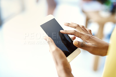Buy stock photo Closeup, hands and woman with a smartphone, screen and typing for connection, communication and social media. Female person, lady and girl with a cellphone, mobile app and network with online reading