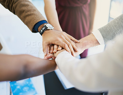 Buy stock photo Hands, huddle and support with business people closeup in creative workplace for solidarity or unity. Collaboration, success and team building with employee designer group in office together
