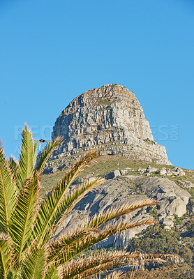 Buy stock photo Copyspace with scenic landscape view of Table mountain in Cape Town, South Africa against clear blue sky background from below. Beautiful panoramic of an iconic landmark and famous travel destination