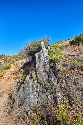 Buy stock photo Remote mountain hiking trail on Table Mountain. Secluded mountainous walking path surrounded by boulders and trees. Footpath on mountaintop. Tourist attraction in Cape Town. Walking trails to explore