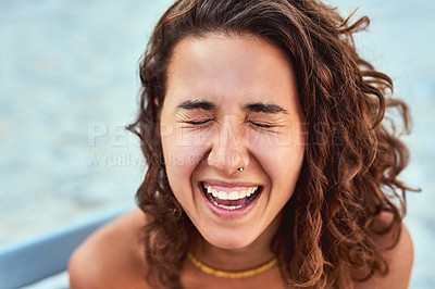 Buy stock photo Happy, excited and face of woman in city with smile for emotion, facial expression and emoji reaction. Travel, laughing and closeup of person outdoors for holiday, summer vacation and weekend in town