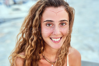 Buy stock photo Woman, outdoor and portrait with henna on face art, happy and  vacation in summer with confidence. Girl, person and smile in sunshine for holiday, adventure and paint on skin at festival for culture