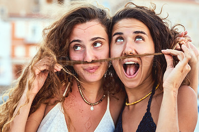 Buy stock photo Outdoor, crazy and faces of friends for travel, vacation and summer holiday with hug in Spain. People, happy women and playful with hair beard for adventure, connection or bonding with emoji reaction