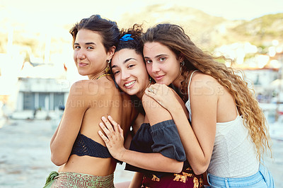 Buy stock photo Cropped shot of girlfriends on vacation