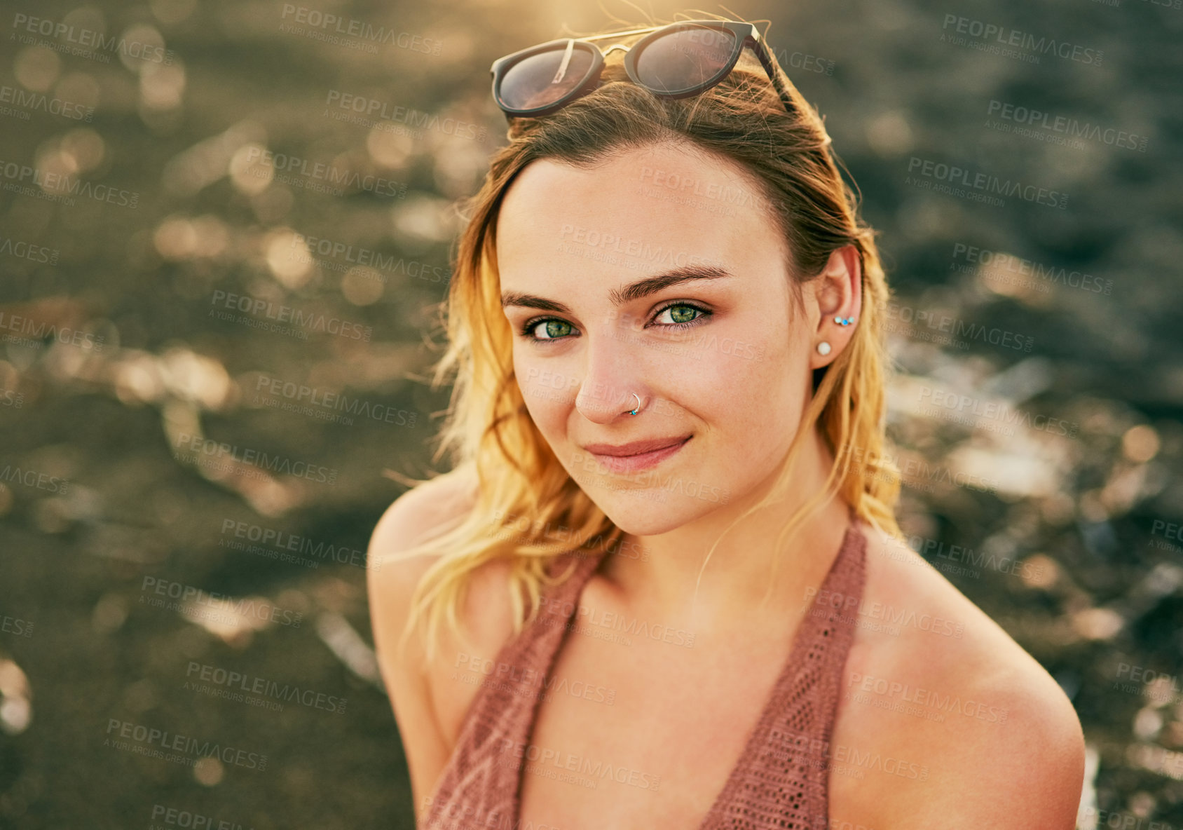 Buy stock photo Woman, portrait and smile on beach for travel, vacation and summer holiday by sunshine in California. Outdoor, female person and happiness in ocean for adventure, destination and peace as tourist