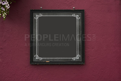 Buy stock photo Cropped shot of a blank sign on a red wall