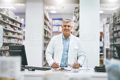 Buy stock photo Pharmacy portrait, doctor and counter for healthcare, medicine and clinic solution, services or support. Happy and mature man in retail pharmacist with drugs checklist and medical product for advice