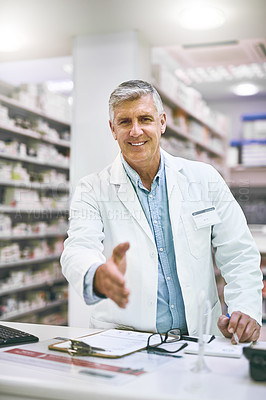 Buy stock photo Senior man, portrait and pharmacist handshake for greeting, introduction or hello in healthcare pharmacy. Happy elderly male person, medical professional or shaking hands for trust, welcome or advice