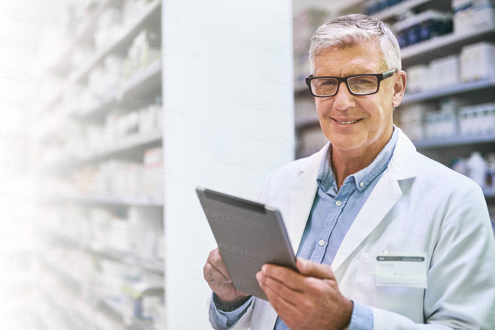 Buy stock photo Pharmacist, portrait and senior man on tablet for stock, inventory and medical information notes. Medicine, checklist and face of elderly male in a pharmacy online for pills and prescription