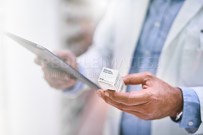 Buy stock photo Man, hands and tablet with pills for inventory, checking stock or inspection at clinic store. Hand of male person or medical expert with technology and medication for pharmaceutical prescription