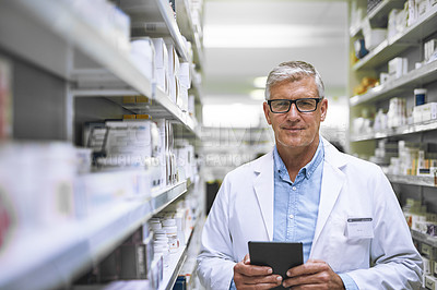 Buy stock photo Pharmacy, portrait and senior man on digital tablet for stock, inventory and medical information notes. Medicine, checklist and face of elderly male pharmacist online for pills and prescription
