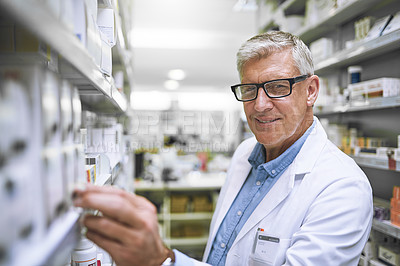 Buy stock photo Pharmacy, medicine and portrait of man at shelf in drug store for thinking, inspection and inventory. Medical, healthcare and pills with male pharmacist in clinic for expert, wellness and product
