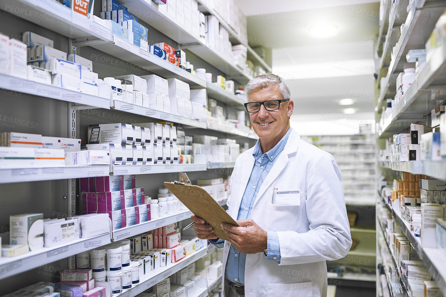 Buy stock photo Pharmacy, medicine and portrait of man and clipboard store for checklist, inspection and inventory. Medical, healthcare and pills with senior male pharmacist in clinic for expert, wellness or product