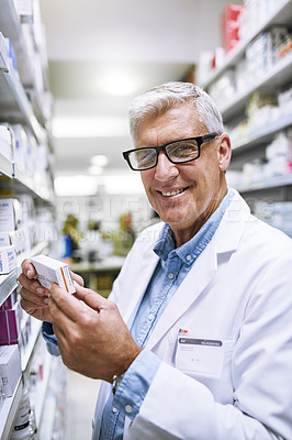 Buy stock photo Pharmacy, medicine and smile with portrait of man in drug store for search, inspection and inventory. Medical, healthcare and pills with senior pharmacist in clinic for retail, wellness and product