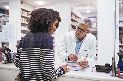 Buy stock photo Black woman shopping, medicine or mature pharmacist in pharmacy for retail healthcare pills or advice. Trust, product or senior doctor helping a customer with prescription medication or medical drugs