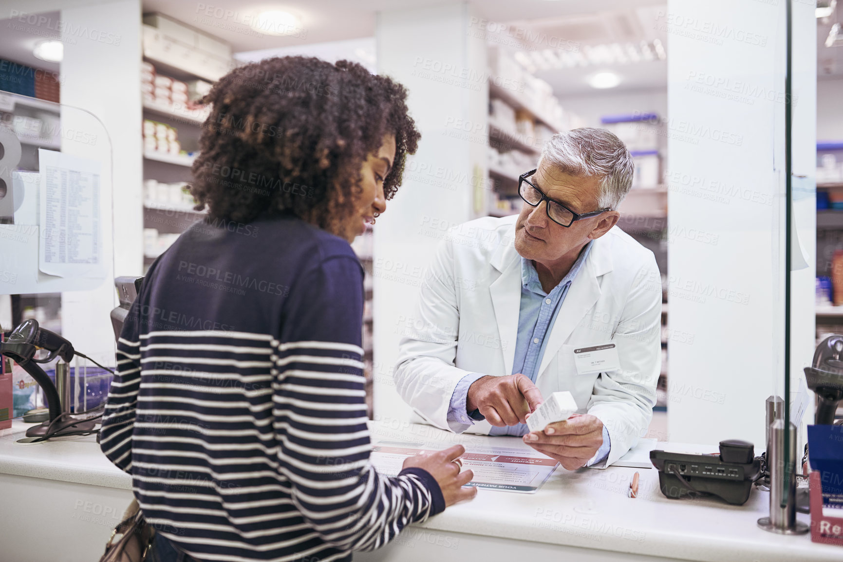 Buy stock photo Black woman shopping, medicine or mature pharmacist in pharmacy for retail healthcare pills or advice. Trust, product or senior doctor helping a customer with prescription medication or medical drugs