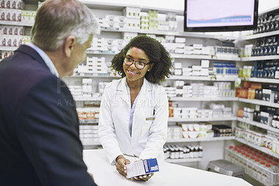 Buy stock photo Senior man shopping, pills or pharmacist in pharmacy for retail healthcare info, medicine or advice. Happy black woman or doctor helping mature customer with prescription medication or medical drugs