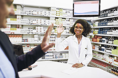 Buy stock photo Man shopping, greeting or happy pharmacist in pharmacy for retail healthcare advice for a sick person. Black woman smiling, wave goodbye or doctor helping a customer with a smile in medical drugstore