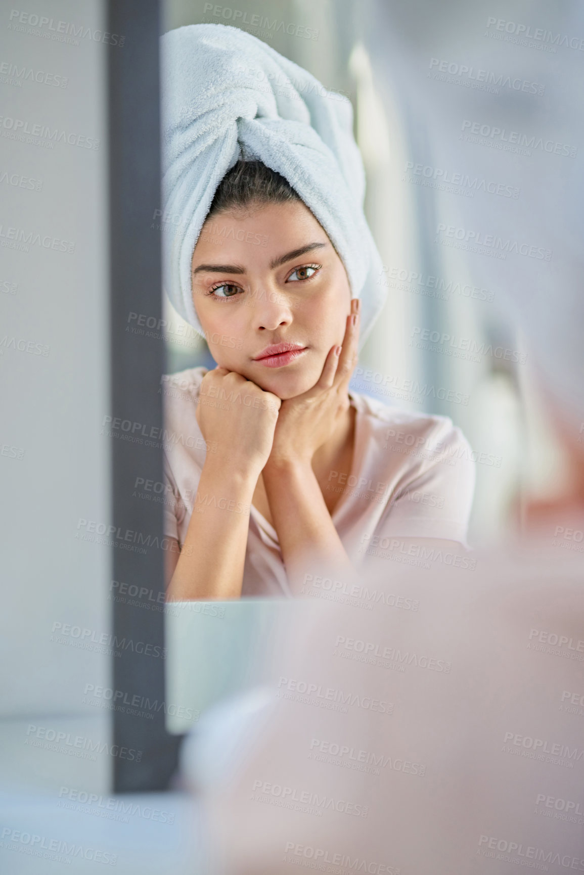 Buy stock photo Mirror, thinking or woman in bathroom with beauty, glow or wellness in home for treatment. Towel, serious and girl with confidence, cosmetics results or skincare ideas with health or morning routine