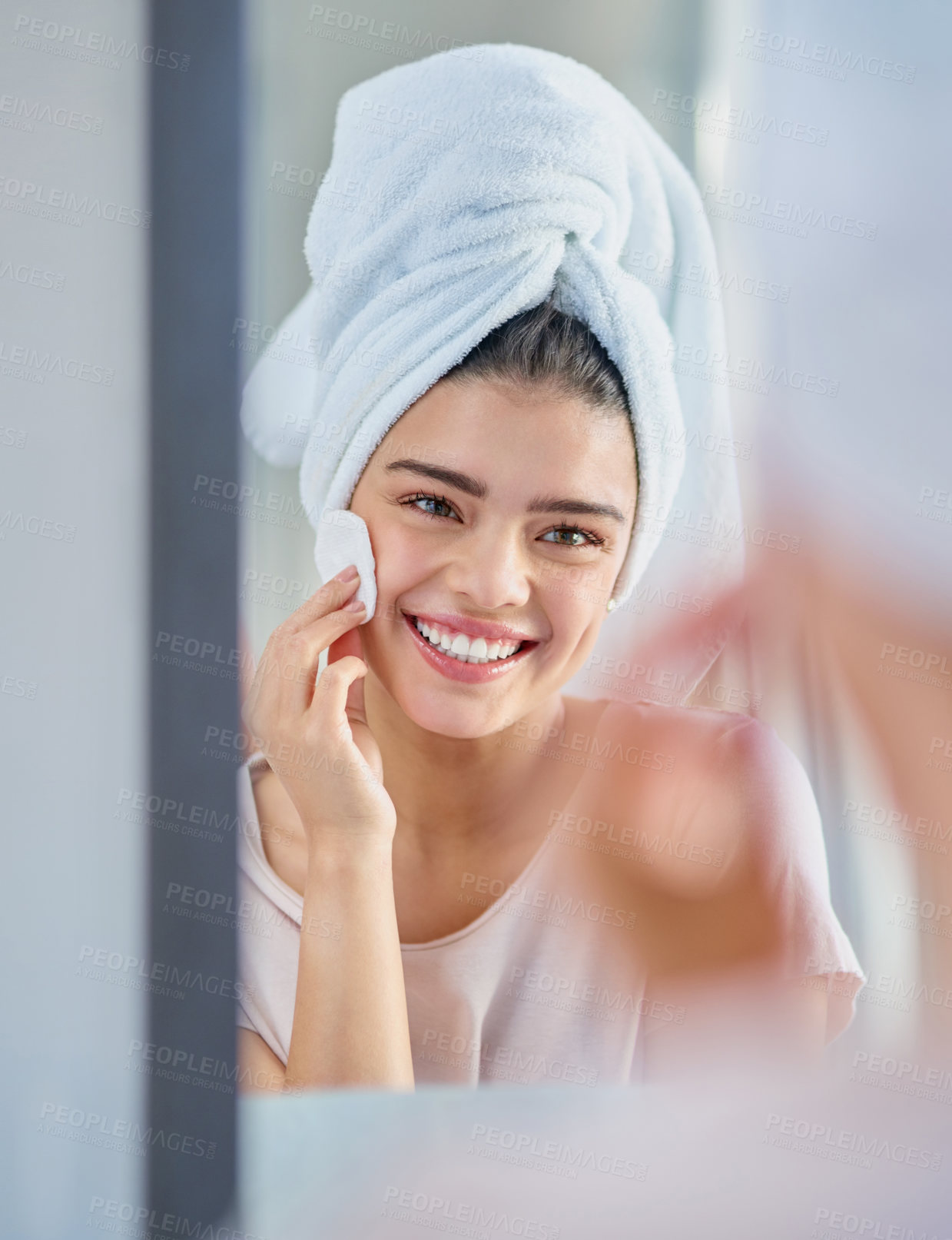 Buy stock photo Cotton, mirror or happy woman in bathroom with beauty, glow or smile for wellness or cleaning in home. Face, towel or girl with confidence, cosmetics results or facial skincare for makeup removal pad