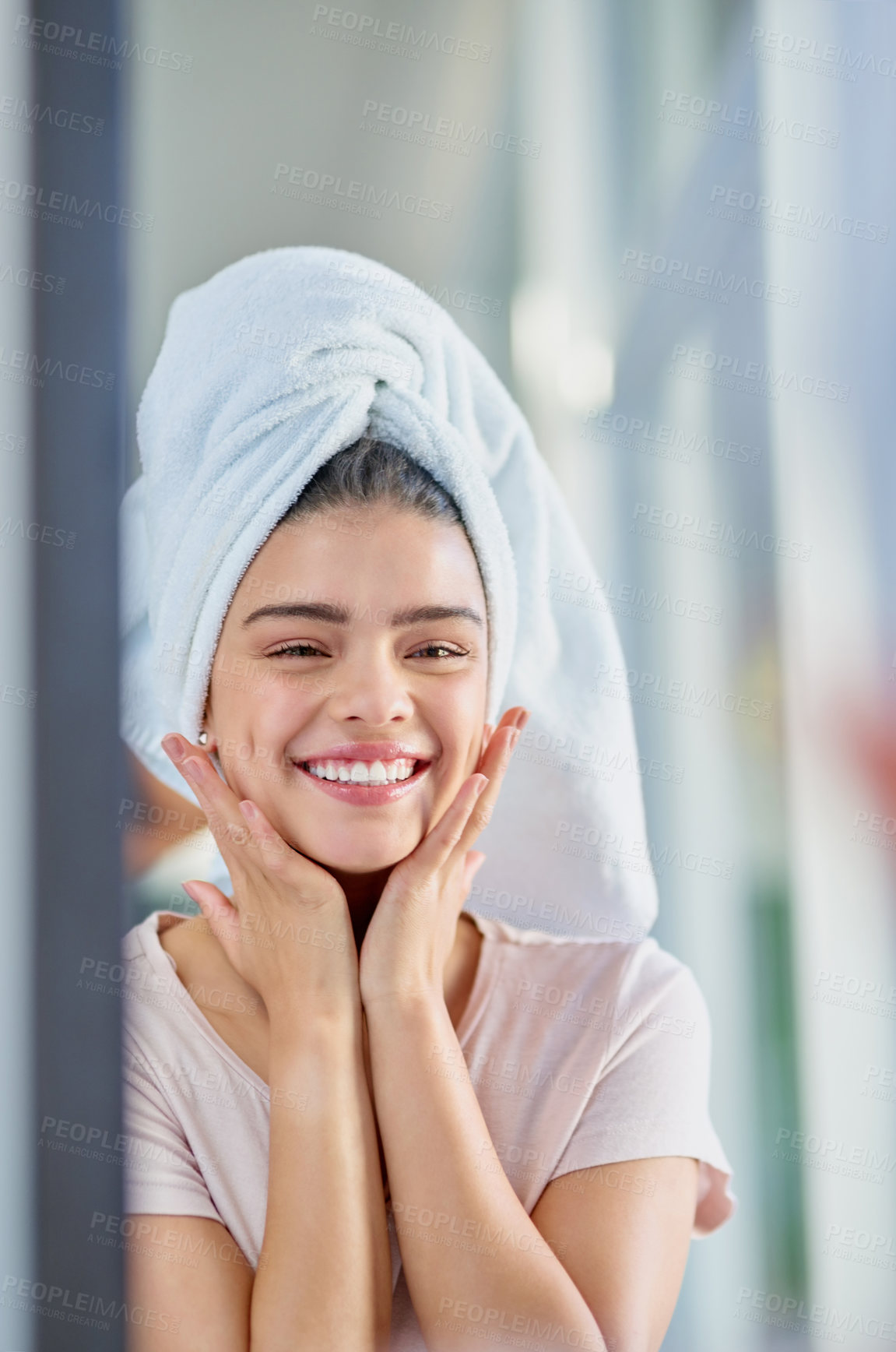 Buy stock photo Mirror, excited or woman in bathroom with beauty, glow or smile for wellness in house or home. Face, towel and happy girl with confidence, cosmetics results or skincare with dimples, health or pride