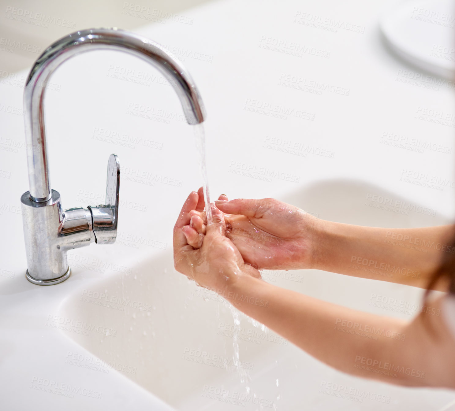 Buy stock photo Tap, water and woman cleaning hands for skincare, beauty and safety of bacteria, virus and healthy dermatology at home. Closeup of person washing palm of hand at basin in bathroom for hygiene routine