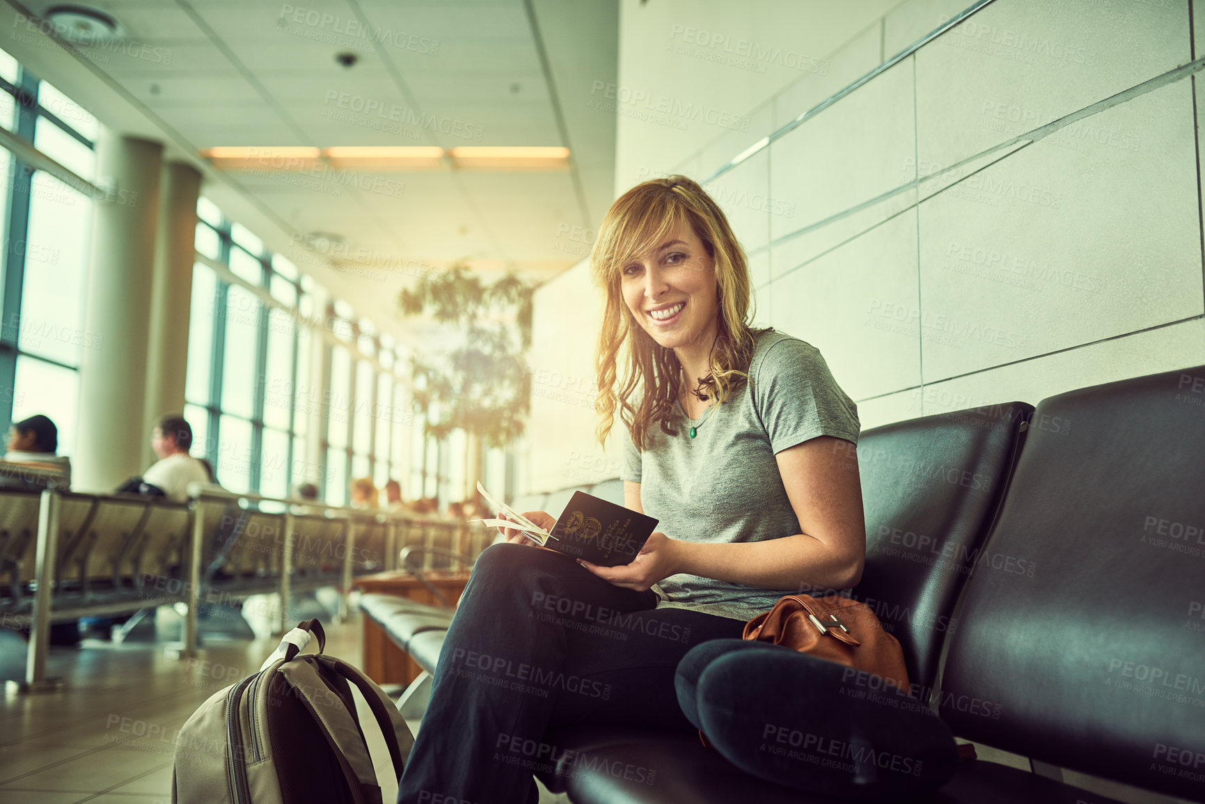 Buy stock photo Travel, smile and woman in waiting room of airport, portrait and passport for journey to Florida for holiday. Vacation, lobby and girl with documents and moving for business and international