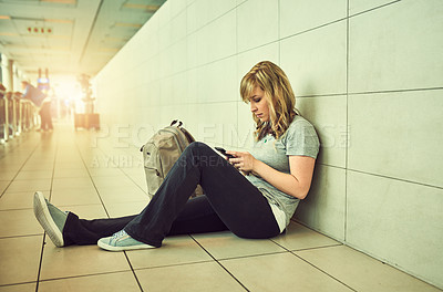 Buy stock photo Journey, texting and woman with cellphone in airport, waiting room and connection for trip to Florida for holiday. Airplane, lobby and girl with mobile and travel for vacation, break or international