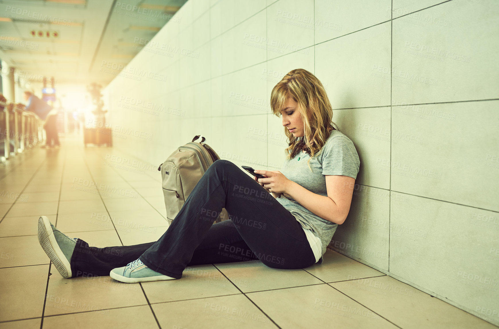 Buy stock photo Journey, texting and woman with cellphone in airport, waiting room and connection for trip to Florida for holiday. Airplane, lobby and girl with mobile and travel for vacation, break or international